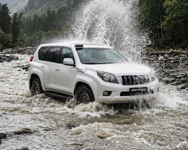Cars equipped with our snorkels cross the river